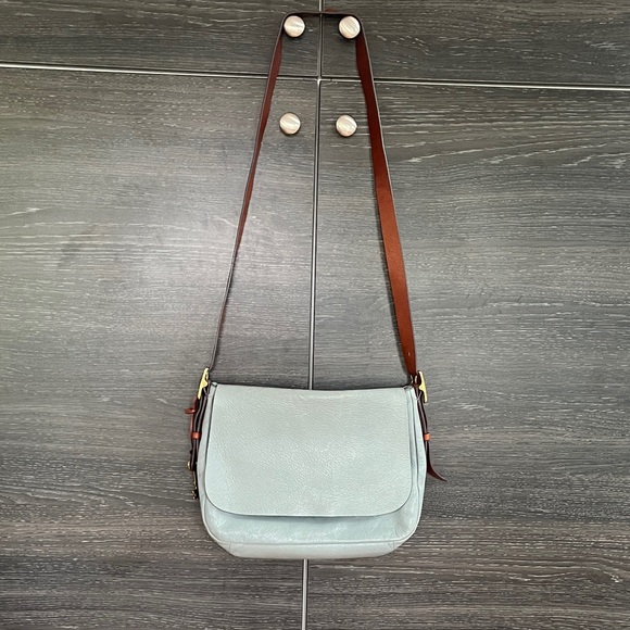 Fossil Pebbled Leather Large Harper Flap Crossbody Bag Blue Grey w Cognac Strap - Picture 3 of 13